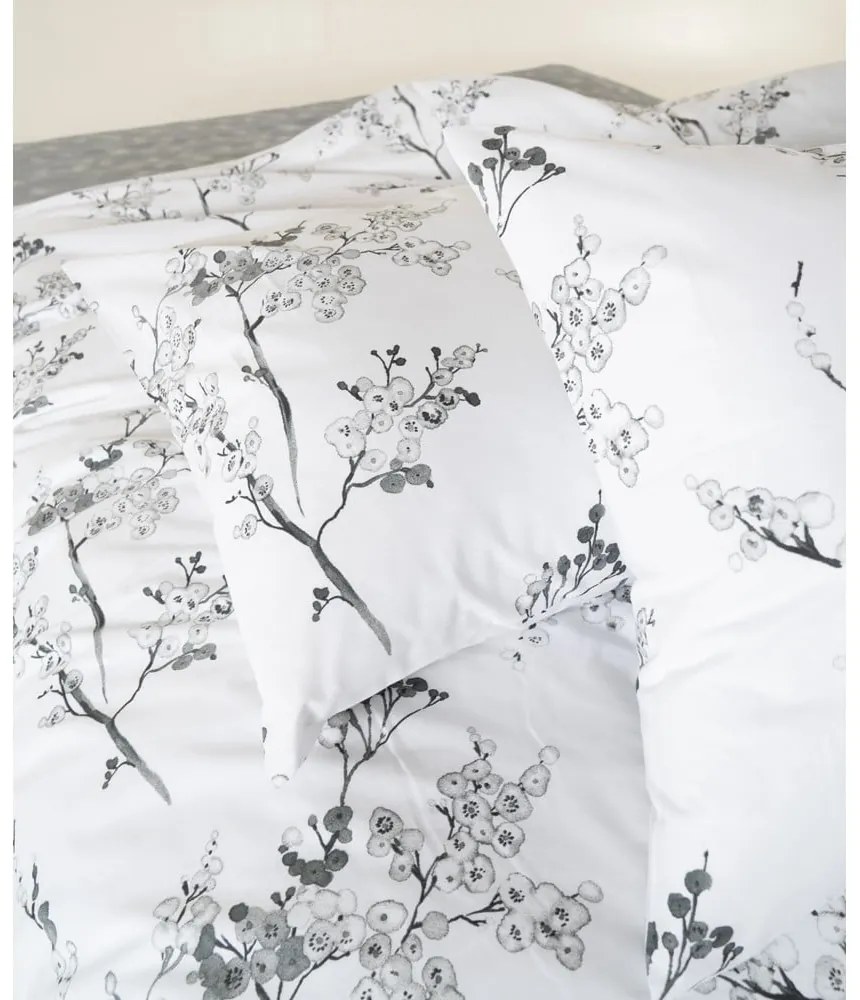 Бяло/сиво двойно удължено спално бельо от памук Renforcé 240x220 cm White Floral – Mila Home Luxury
