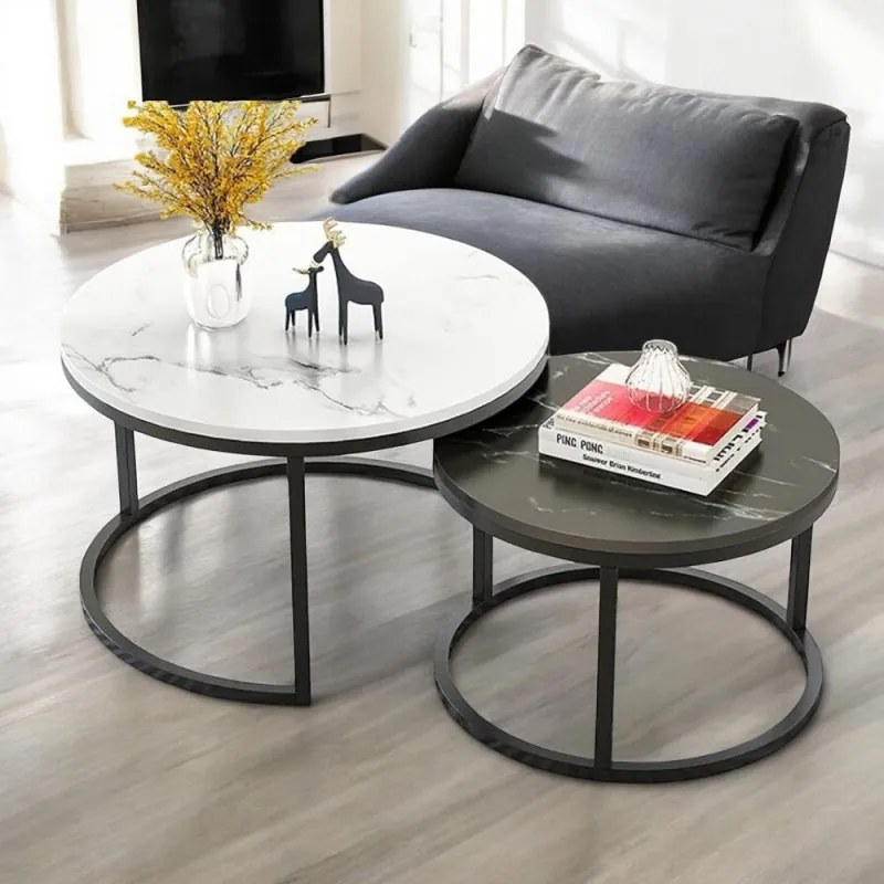 Комплект от 2 кръгли масички за кафе - бял и черен мрамор