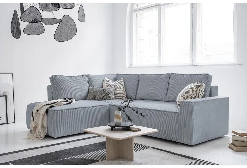 Светлосив разтегателен ъглов диван от рипсено кадифе (ляв ъгъл) Brave Dave – Miuform