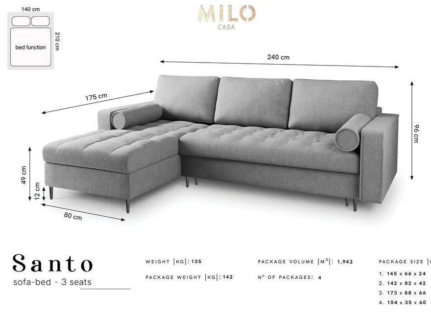 Тъмно сив ъглов разтегателен диван , ляв ъгъл Santo - Milo Casa