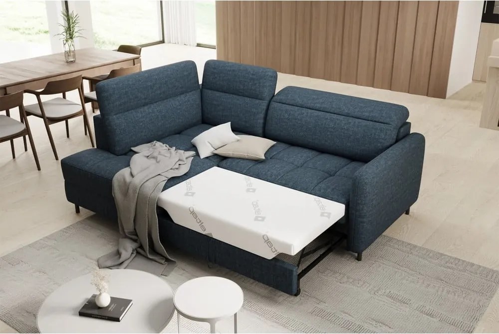 Син кадифен разтегателен ъглов диван с място за съхранение (ляв ъгъл L форма) Barea – ELTAP