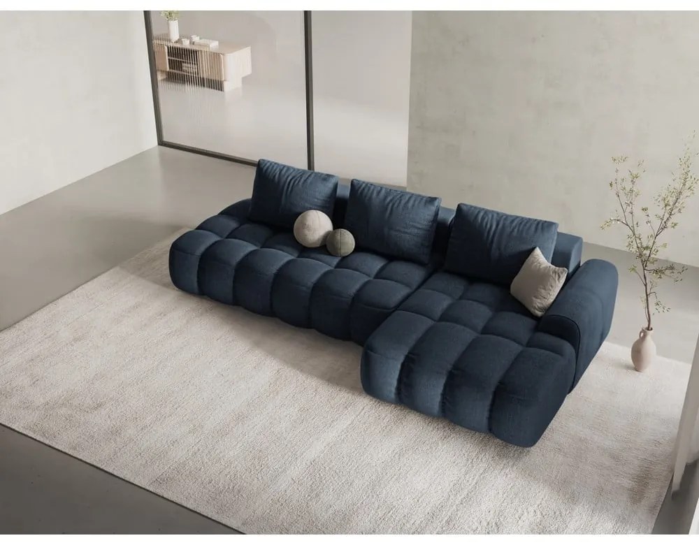 Тъмносин сгъваем/с място за съхранение ъглов диван (десен ъгъл) Linz – Cosmopolitan Design