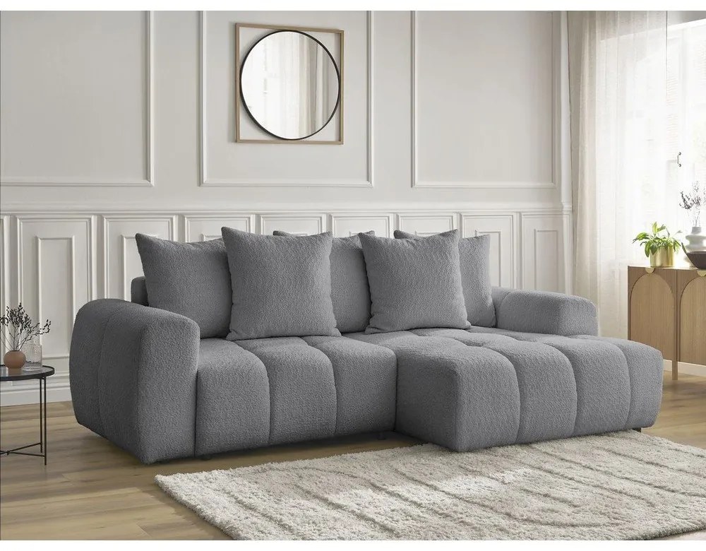 Сив разтегателен ъглов диван с място за съхранение от букле (десен ъгъл) Roxelane – Bobochic Paris