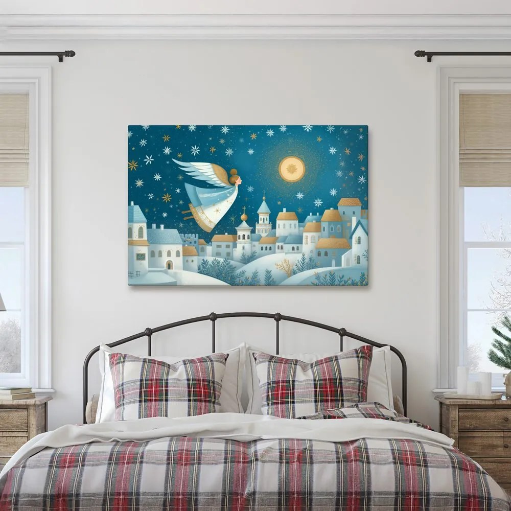 Картина на платно Коледна – Ангел над зимното село