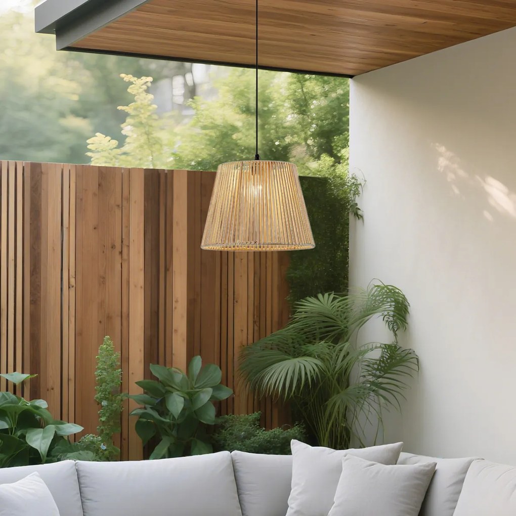 Външна висяща лампа черна с бежов въжен абажур IP44 - Cava Jayla