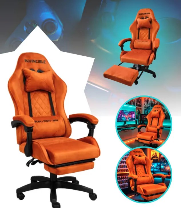Оранжев геймърски стол с кадифена тапицерия и подвижна поставка за крака