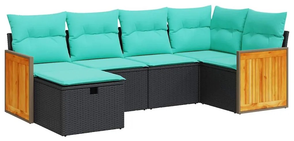3326026 vidaXL Градински диван с възглавници, 6 части, черен, полиратан