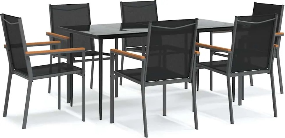3187038 vidaXL Градински трапезен комплект 7 части черен текстилен и стомана