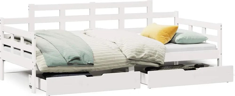 3302121 vidaXL Легло с чекмеджета, без матрак, бяло, 90x200 см, масивно дърво