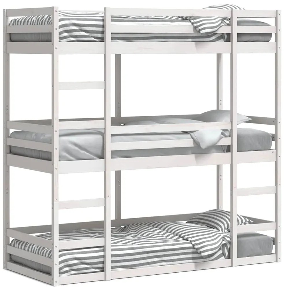 3284255 vidaXL Триетажно легло, бяло, 90x200 см, борово дърво масив