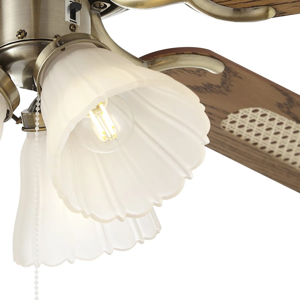 Месингов вентилатор за таван с дървесен принт и ратан 108 см с издърпващ се ключ - Mistral Lia