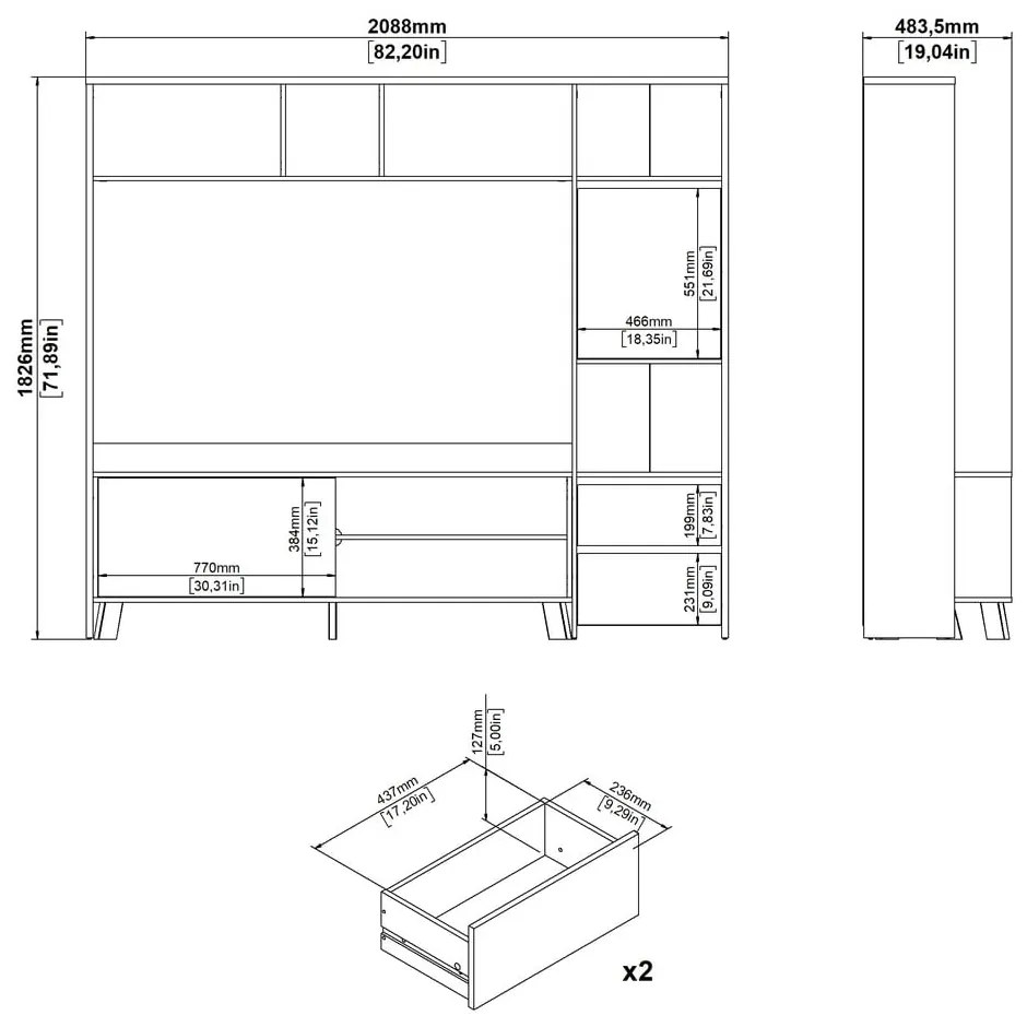 TV комплект от дъбов декор в бял и естествен цвят 209x183x48 cm Next – Tvilum