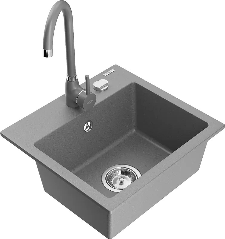 Mexen Milo гранитна мивка с 1 отделение с кухненски смесител Telma, сив - 6505-71-670200-71