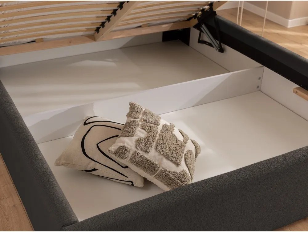 Тъмносиво тапицирано двойно легло с място за съхранение и включена подматрачна рамка 200x200 cm Cille – Ropez