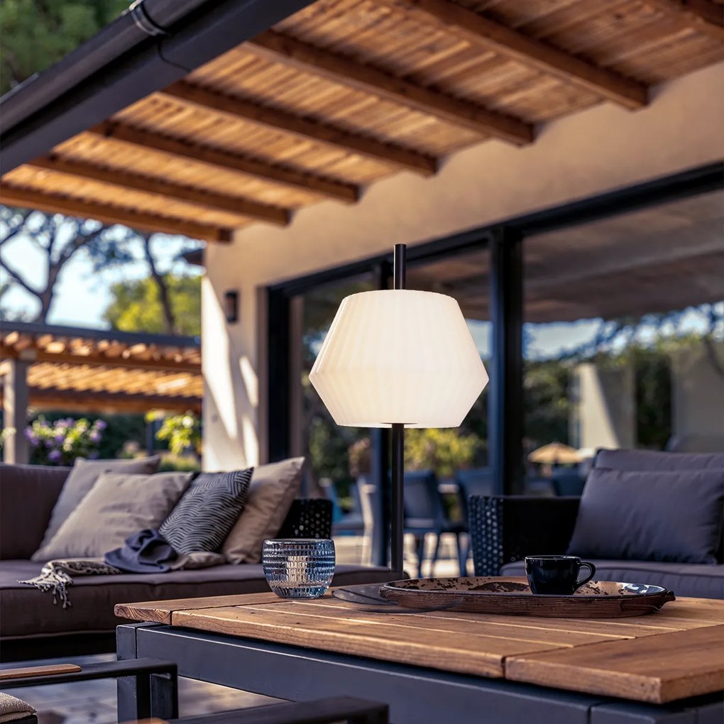 Модерна външна настолна лампа черна с бял абажур IP44 - Robbert