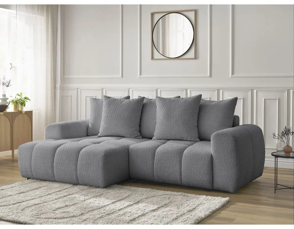 Сив разтегателен ъглов диван с място за съхранение от букле (ляв ъгъл) Roxelane – Bobochic Paris