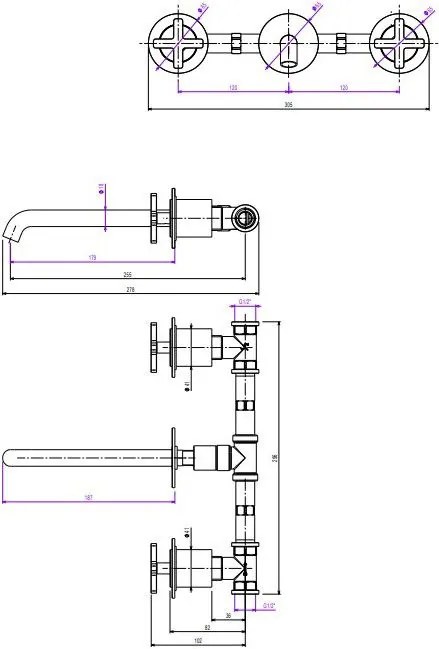Смесител стена за умивалник с 3 отвора и вентил Clic-Clac Elle Cross La Torre-хром