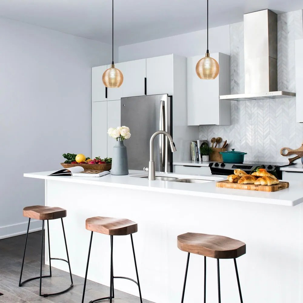 Жълта охра и златисто висящо осветително тяло със стъклен абажур ø 15 cm Muzo – Opviq lights