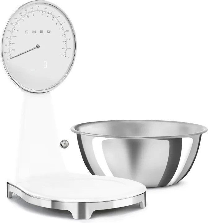 Кухненска везна Smeg KSF01WHWW, Аналогов и дигитален дисплей, До 5 кг/5 л, ТАРА, LED дисплей, Противоплъзгаща се основа, Автономия до 36 часа, Бял мат