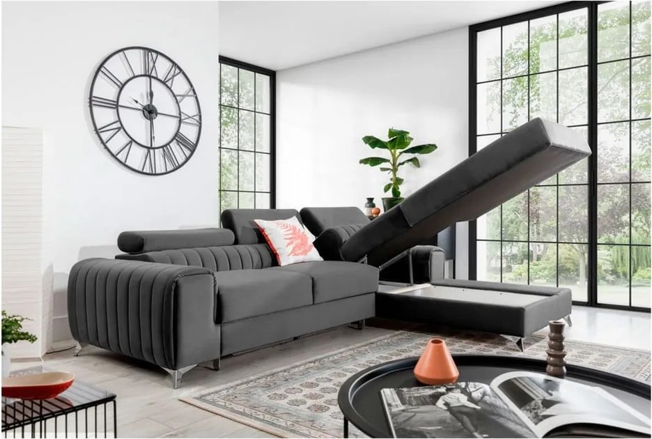 Тъмносив кадифен разтегателен ъглов диван с място за съхранение (десен ъгъл) Grayson – ELTAP