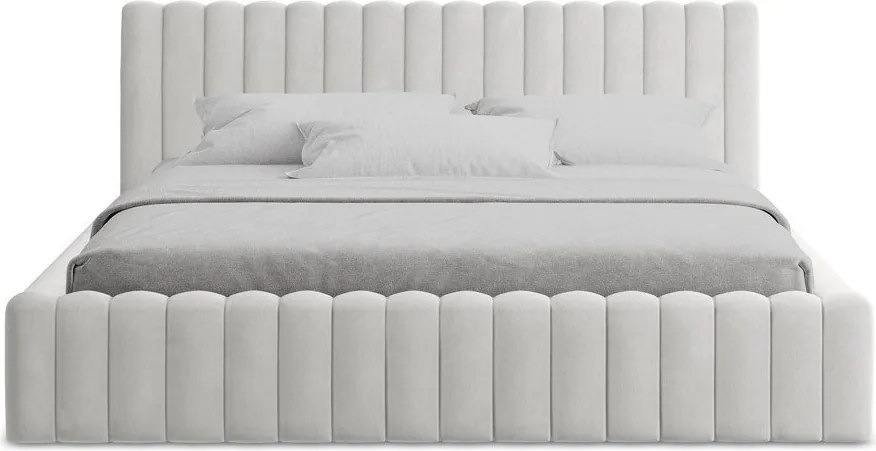 Двойно легло 140x200 cm тапицирано с място за съхранение с включена подматрачна рамка в сребрист цвят Lemi – Makamii