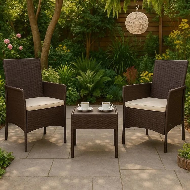 Градински мебели от ратан - комплект 2 стола + маса Кафяво