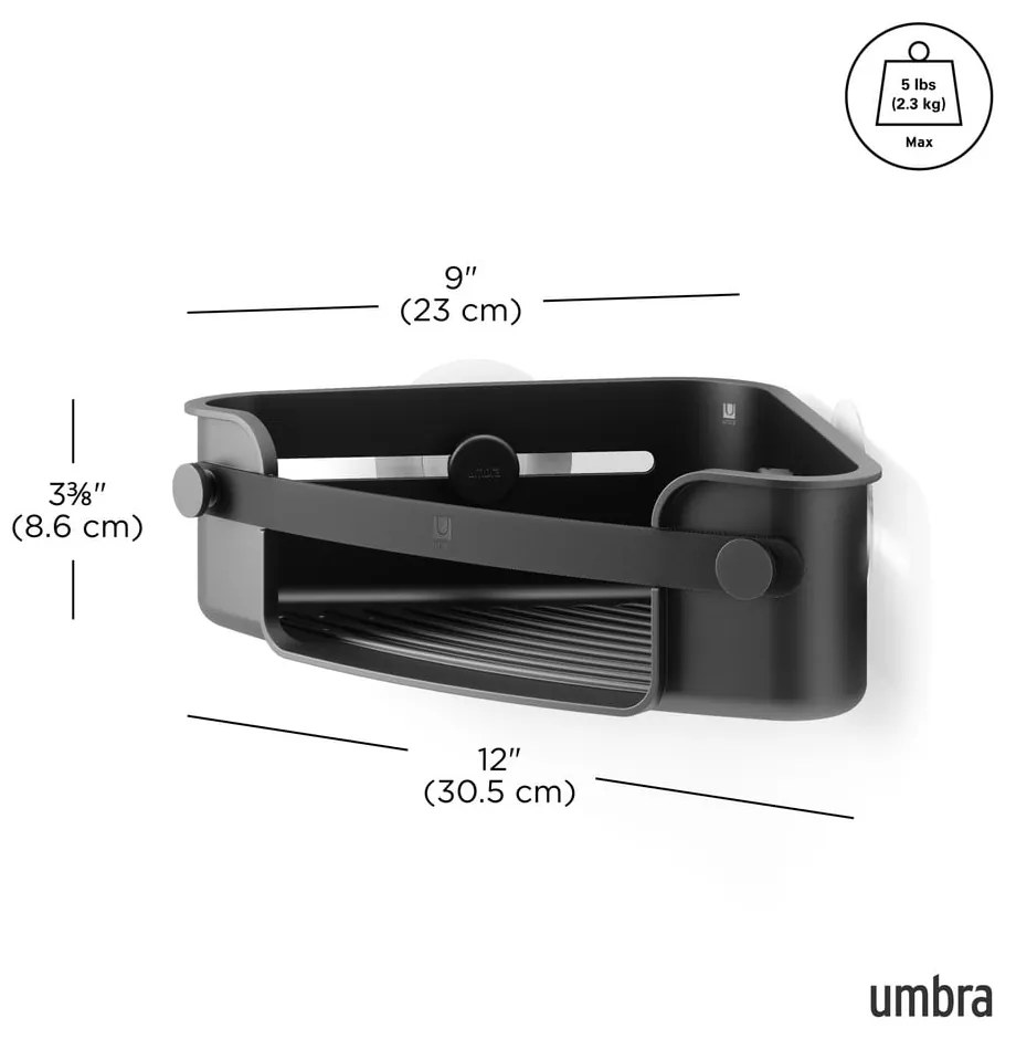 Черен ъглов пластмасов рафт за баня без пробиване Flex Adhesive – Umbra