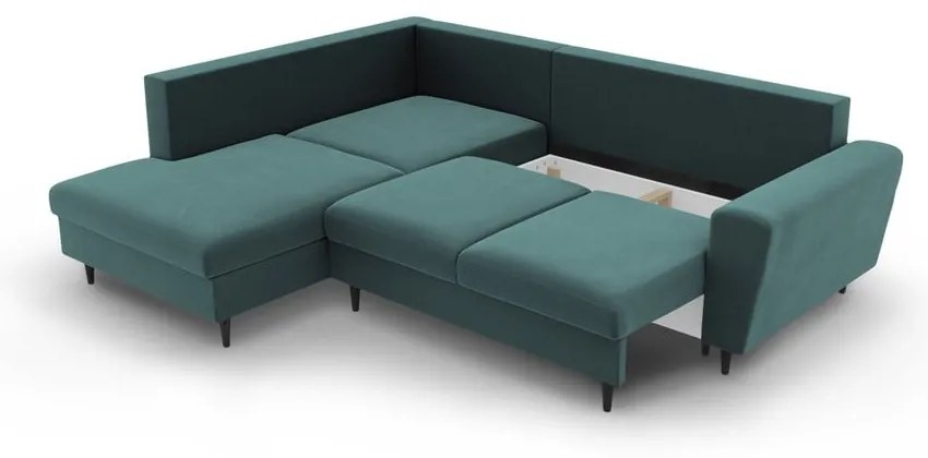 Кадифен разтегателен ъглов диван с място за съхранение в петролен цвят (ляв ъгъл/L форма) Kyoto – Cosmopolitan Design
