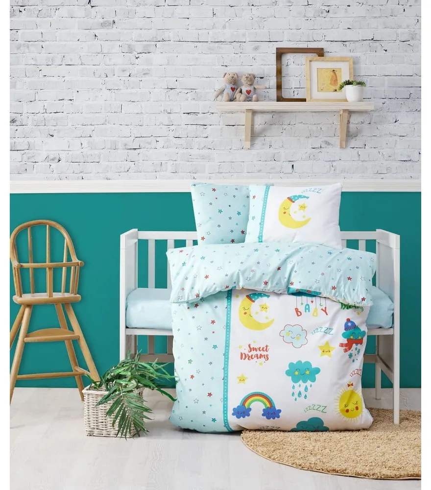 Детско спално бельо за детско креватче от памук Renforcé с включен долен чаршаф в бяло и цвят мента, 4 части 100x150 cm – Mijolnir