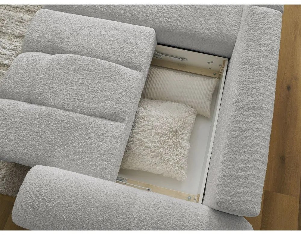 Светлосив сгъваем/с място за съхранение ъглов диван от прежда с примки от букле (ляв ъгъл) Roxelane – Bobochic Paris