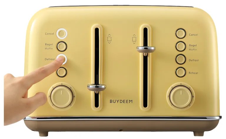 Тостер за хляб BUYDEEM DT640E, 1800W, 4 слота, 7 автоматични програми, 7 степени на препичане, LED индикатори, Тави за трохички, Високо изскачане, Жълт