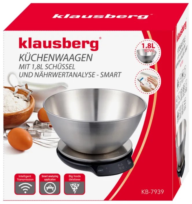 Кухненска везна с купа Klausberg KB 7939, 5 Kg, Bluetooth, Мобилно приложение, LED, ТАРА, Течности, 4 хранителни стойности, Инокс