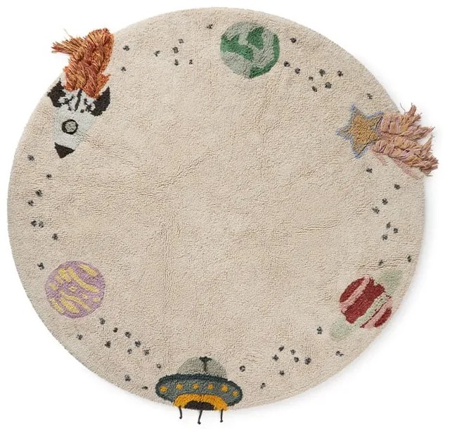 Кремаво ръчно изработено памучно детско килимче за игра подходящо за пране ø140 cm Interstellar Journey – Lorena Canals