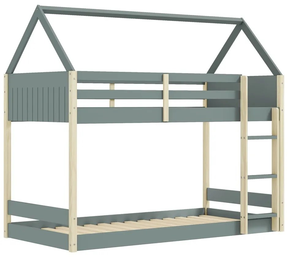 Къща/двуетажно детско легло 90x190 cm с включена подматрачна рамка в естествен цвят/сиво-зелено Valka – Marckeric