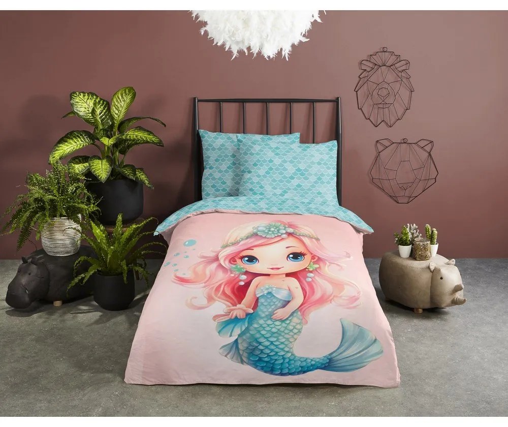 Синьо -розово единично памучно детско спално бельо 140x200 cm Alisse – Good Morning