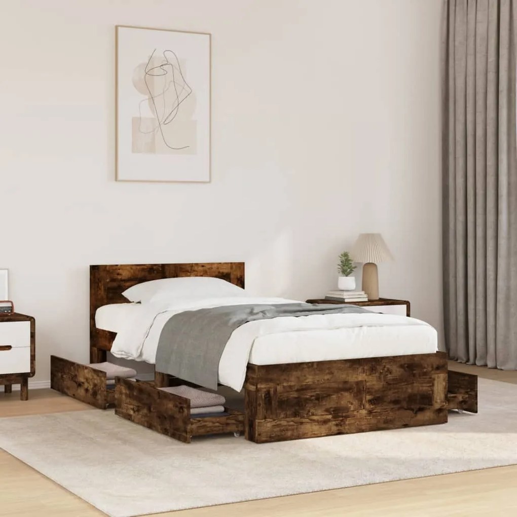 3295580 vidaXL Рамка за легло с табла, опушен дъб, 100x200 см, инженерно дърво
