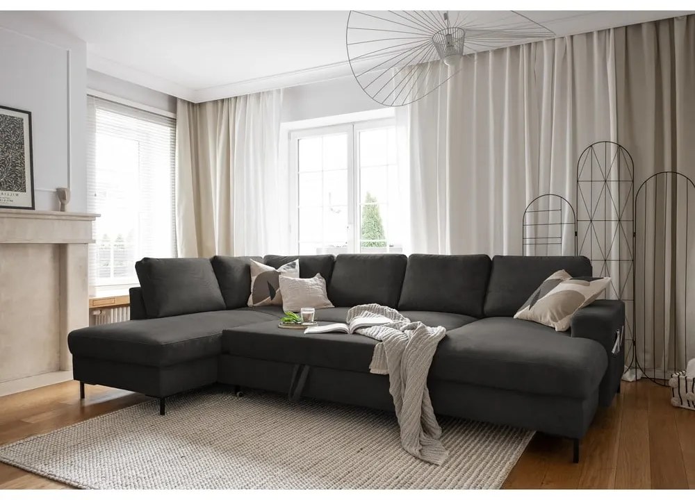 Тъмносив разтегателен ъглов диван от рипсено кадифе (ляв ъгъл) Lofty Lilly – Miuform