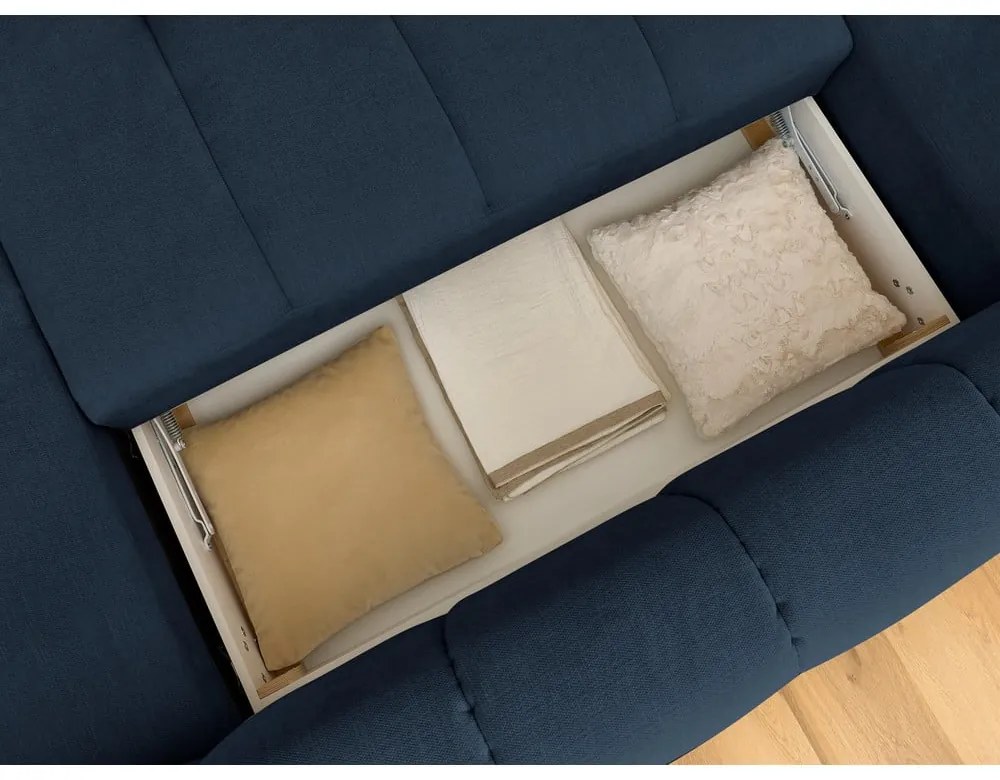 Тъмносин сгъваем/с място за съхранение ъглов диван (ляв ъгъл/U форма) Fuji – Bobochic Paris