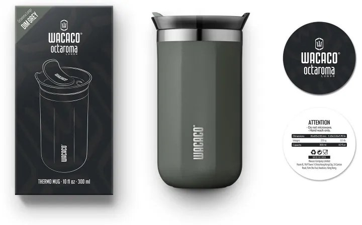 Термочаша Wacaco Octaroma Lungo Dim Grey, 300ml, Вакуумно изолирана, Двойни стени, Без BPA, Сив