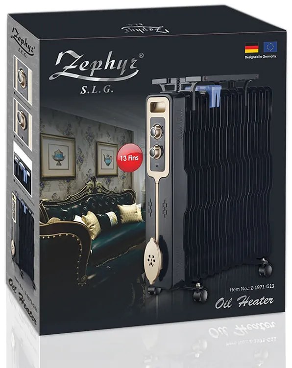 Радиатор ZEPHYR ZP 1971 G13, 2500W, 13 ребра, 3 степени, Поставка за дрехи, Регулируем термостат, Черен