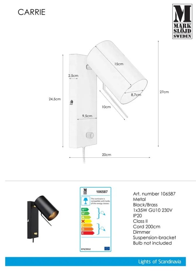 Черна стенна лампа Carrie - Markslöjd