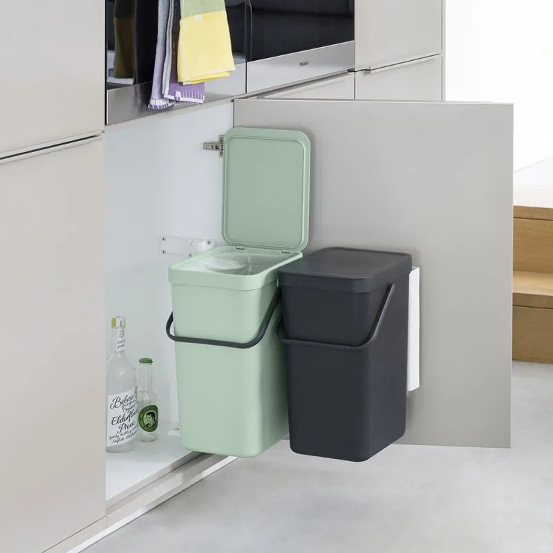 Кош за разделно събиране на боклук Brabantia Sort&Go 1005518, 2x16 л, Монтаж върху врата на кухненски шкаф, Сив/зелен