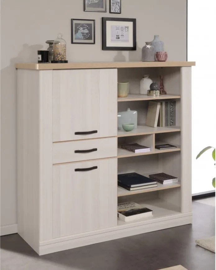 Бюфет Крафт за дневна и трапезария в бяло и дъб