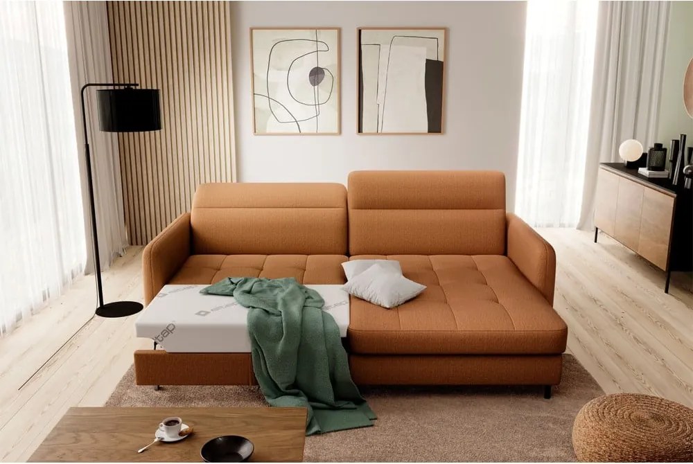 Жълт кадифен разтегателен ъглов диван с място за съхранение (десен ъгъл) Gomsi – ELTAP