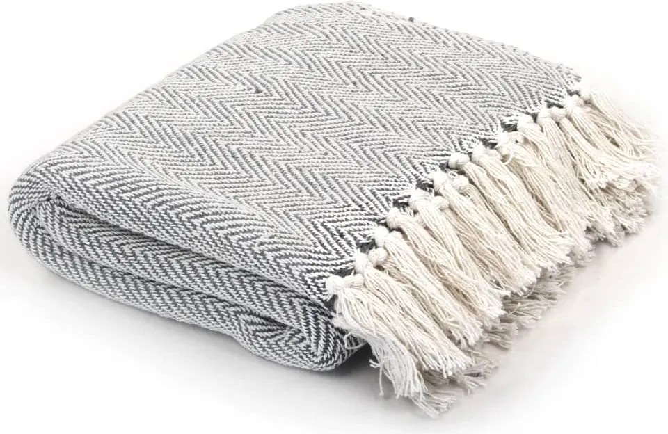 245318 vidaXL Декоративно одеяло, памук, рибена кост, 125x150 см, сиво