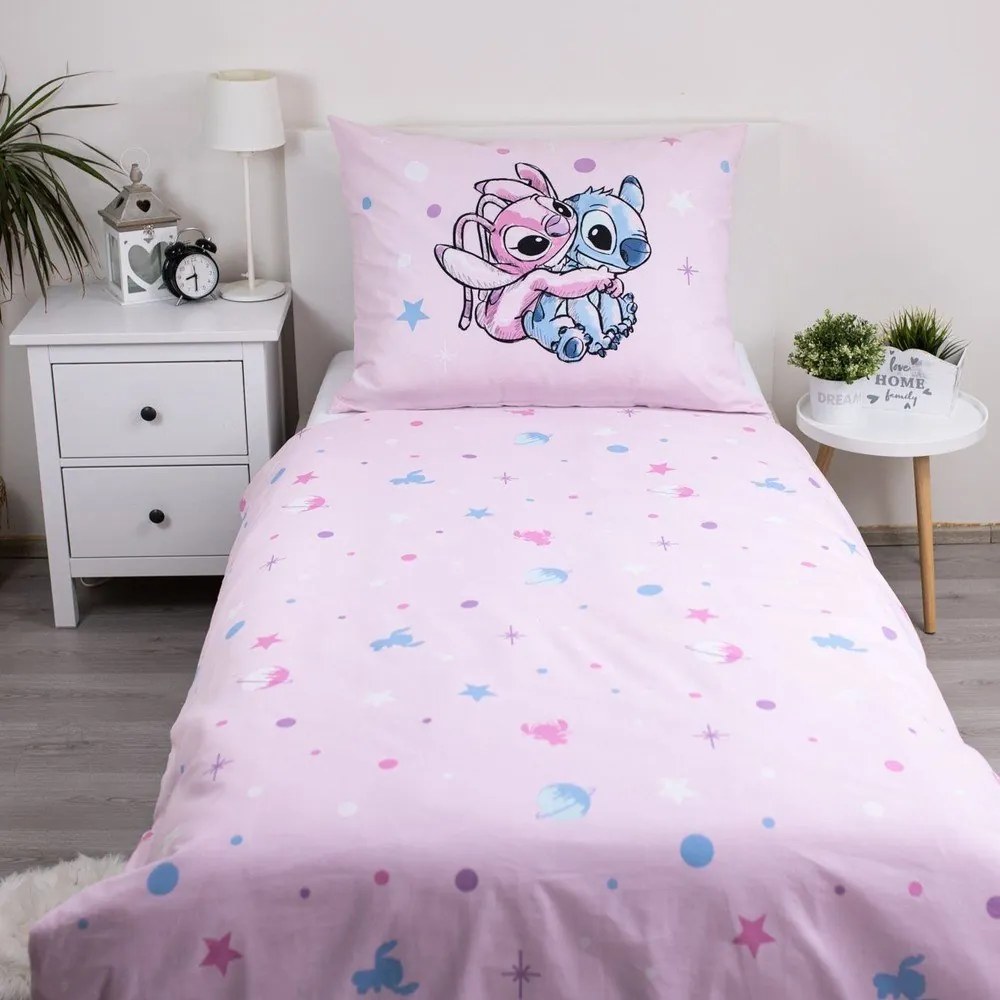 Розово единично памучно детско спално бельо 140x200 cm Lilo a Stitch "Universe" – Jerry Fabrics