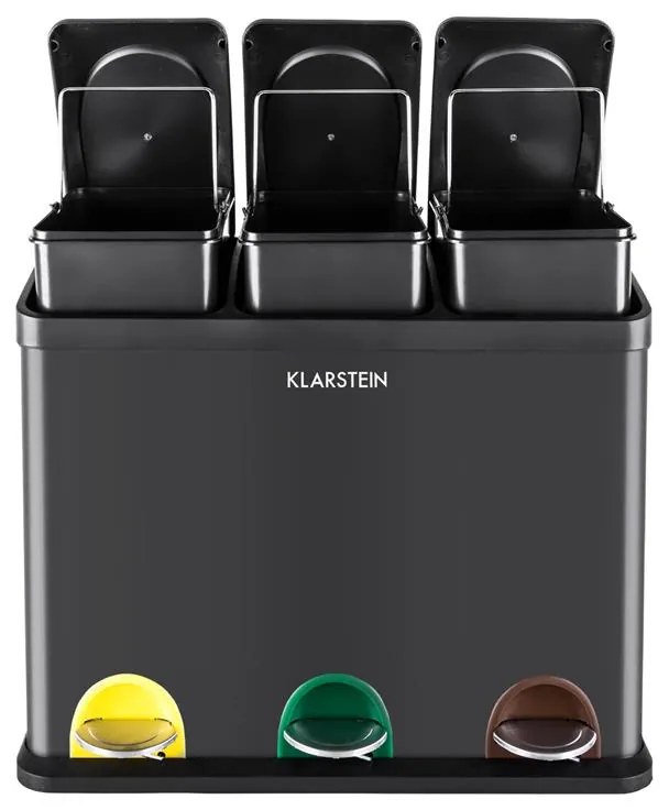 Klarstein Ökosystem кош за боклук, с педал, кош за сортиране на отпадъците, 45L (3x15L) черен