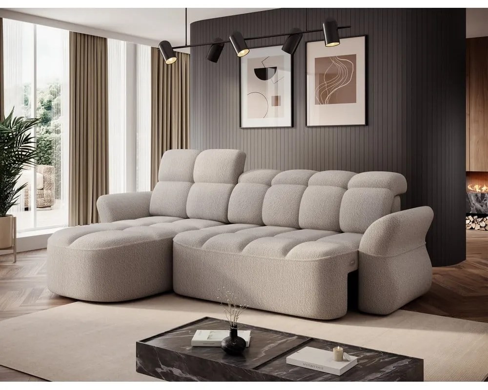 Бежов сгъваем/с място за съхранение ъглов диван от прежда с примки от букле (ляв ъгъл) Beneth – ELTAP