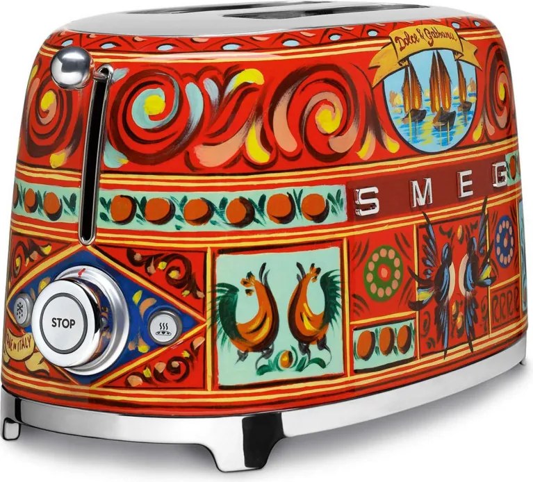 Тостер за хляб SMEG Dolce & Gabbana Sicily is my Love! TSF01DGEU, 950W, 2 филии, 6 нива, Тавичка за трохи, Вграден кабел, Неръждаема стомана, Многоцветен