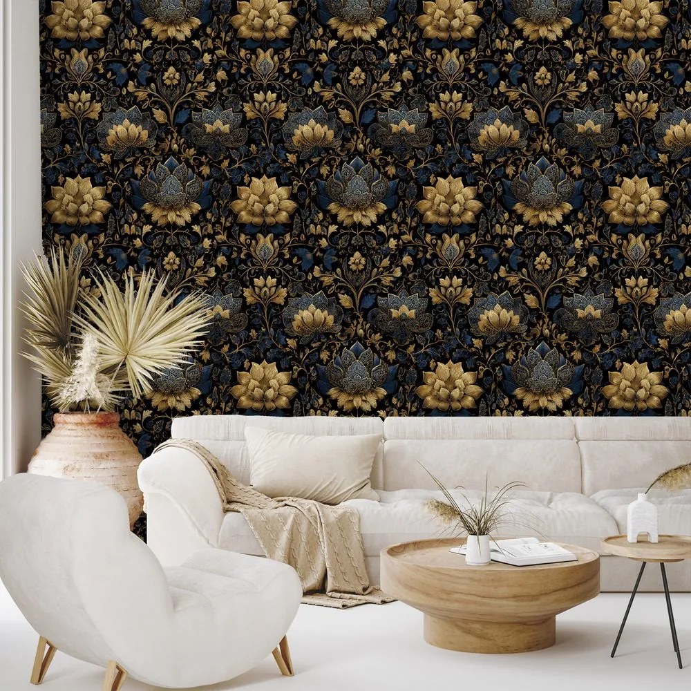 Фототапет – Златни цветя на тъмен фон